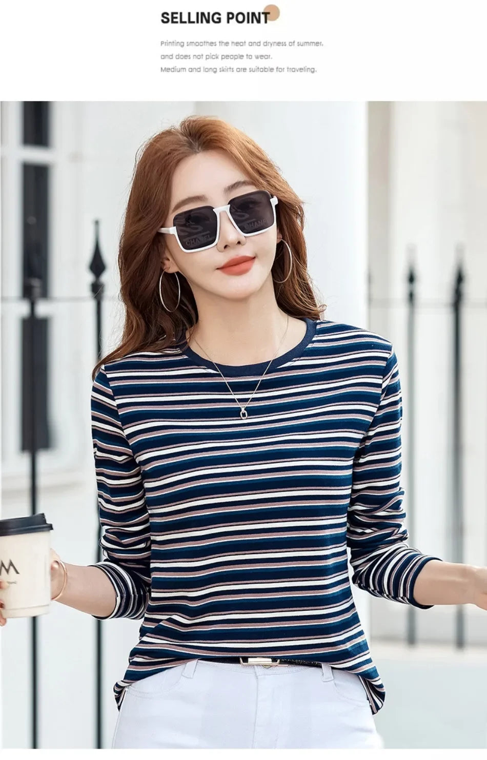 2024 New Women Clothing Crew Neck Striped Bottom Shirt Spring and Autumn Long Sleeve Tops T-Shirt Loose Interior Casual Top