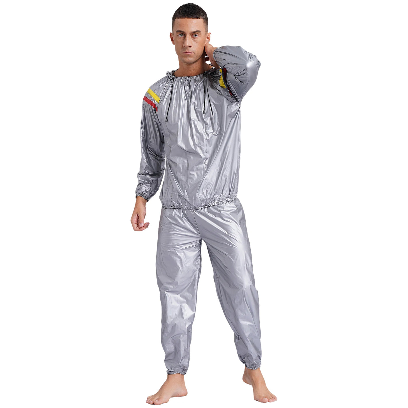Mens Sauna Sweat Outfit Long Sleeve Hooded Jacket Outerwear and Elastic Waist Long Pants PVC Sweating Suit for Gym Workout