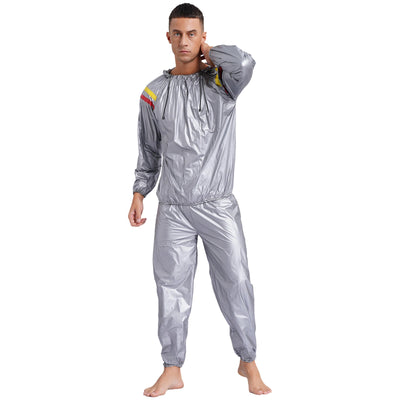 Mens Sauna Sweat Outfit Long Sleeve Hooded Jacket Outerwear and Elastic Waist Long Pants PVC Sweating Suit for Gym Workout