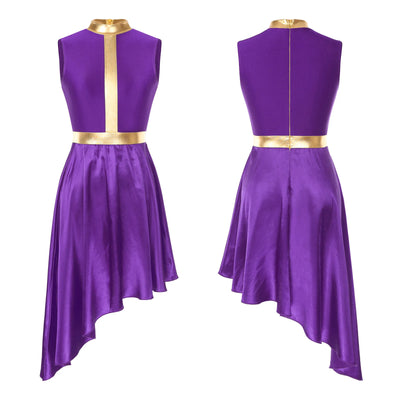 Women Lyrical Dance Dress Color Block Patchwork Invisible Zipper Back Flowy Asymmetrical Hem Sleeveless Dresses Dancewear