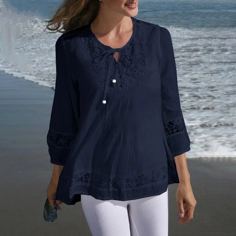 Fashion Women's Solid Lace Top Cotton Linen Casual Top Woman New Summer Blouse Three-Quarter Sleeve Loose Shirt & Blouse Women