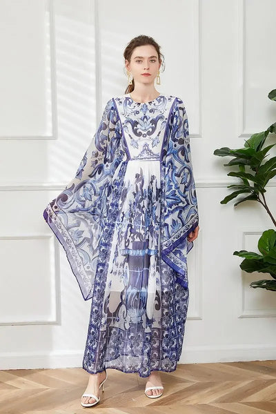 Women Clothing O Neck Flare Sleeve Large Swing Maxi Dress New Summer Bohemian Blue And White Porcelain Print Chiffon Vestidos