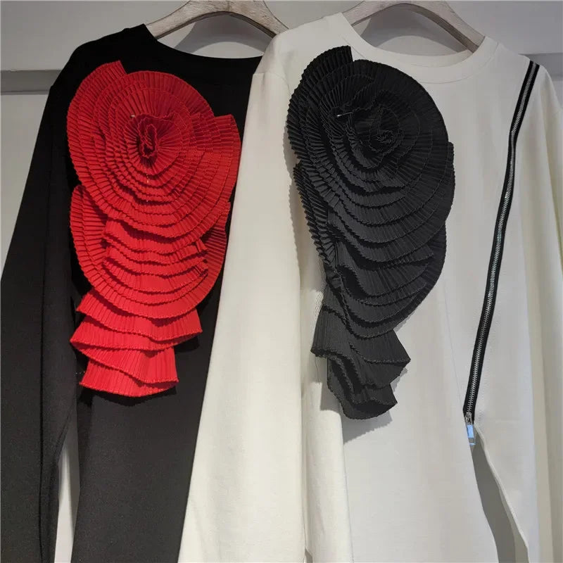 YEAE 2025 Spring New Items Fashion Flower Patchwork Loose T-shirts For Women Irregular Long Sleeves Tops Female