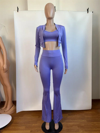 2024 Autumn Solid Women Tracksuits Slim 3 Piece Sets Tank Crop Tops + Zipper Long Sleeve Jackets + High Waist Flare Pants Suits