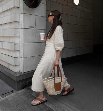 Retro Cotton Linen Women'S Summer Dress Sexy V-Neck Puff Sleeve Long Maxi Birthday Graduation Dresses Beach Sundress Robe Femmes