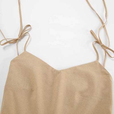 Cotton Linen Solid Color Spaghetti Strap Dresses Women Fashion Leace-up V-neck Backless Beach Vacation Long Dress Female New