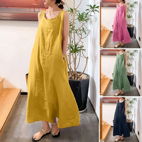 Fashion Casual Boho Dress For Women Summer Elegant Sleeveless Sundress Solid Beach Party Loose Dresses Robe Femme New Vestidos