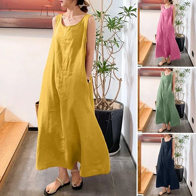 Fashion Casual Boho Dress For Women Summer Elegant Sleeveless Sundress Solid Beach Party Loose Dresses Robe Femme New Vestidos