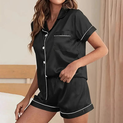 Women's Sleepwear Silk Satin Pajamas Set Button-Down Pyjama Shorts Suit Pijama Femme Loungewear Pj Sets Solid Color Home Clothes