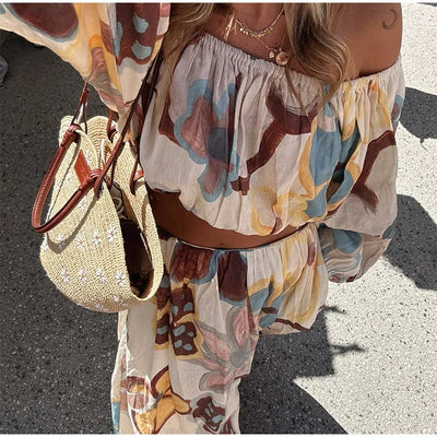 Women Elegant Printed Cotton Linen 2-piece Sets Fashion Long Sleeves Slim Fit Tops Long Skirt Set Lady Summer High Street Wear