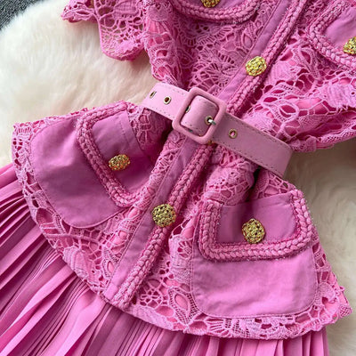 Designer 2025 Summer Pleated Chiffon Lace Long Dress Women Flower Embroidery Gold Button Belt Evening Party Dresses Wedding Robe
