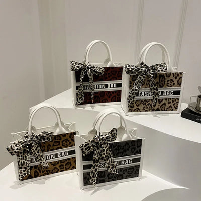 Fashion Leopard Print Top-handle Bags For Women, Bow Ribbon Decoration Designer Handbags Ladies Casual Tote