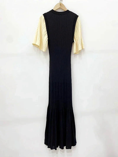 Classic Style Single Breasted Knitted Women Midi Dress O Neck Short Sleeve Hollow Out Spliced Lady Fishtail Dress