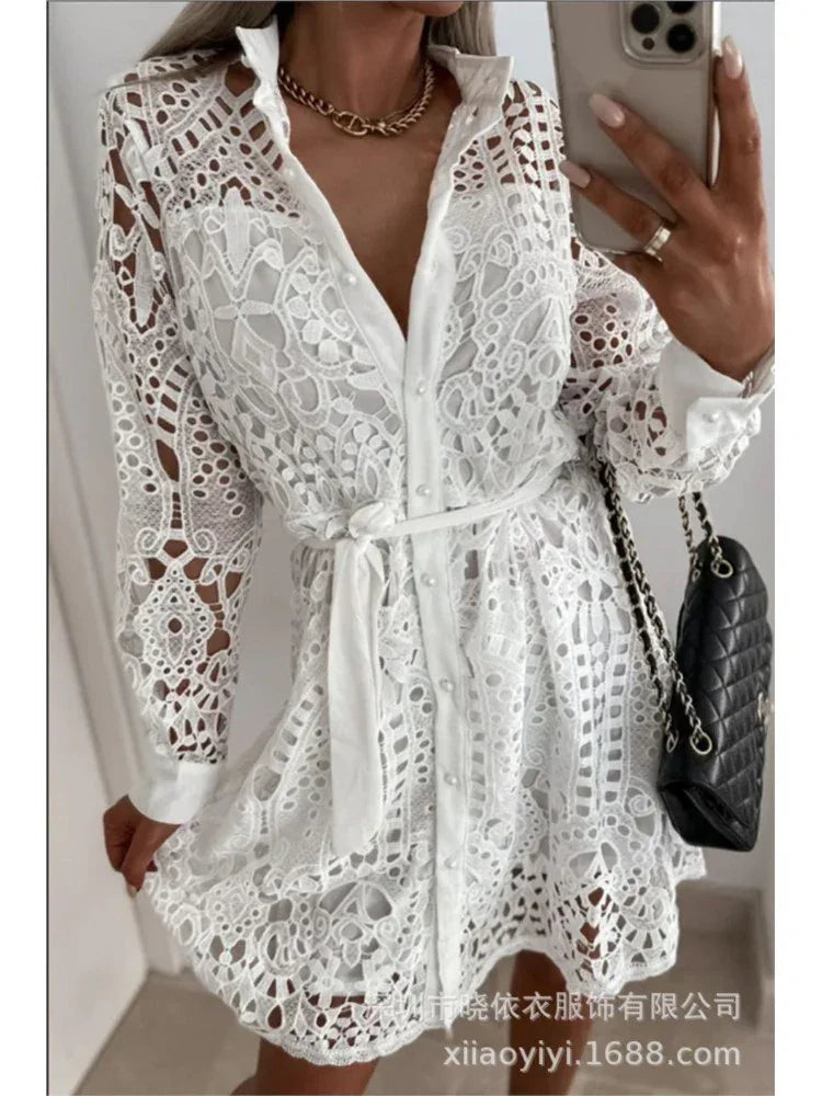 Elegant Shirt Dress Women Sexy Hollow Out Lace Dresses Spring Autumn Button Lace-up Office Lady Mini Dress Female