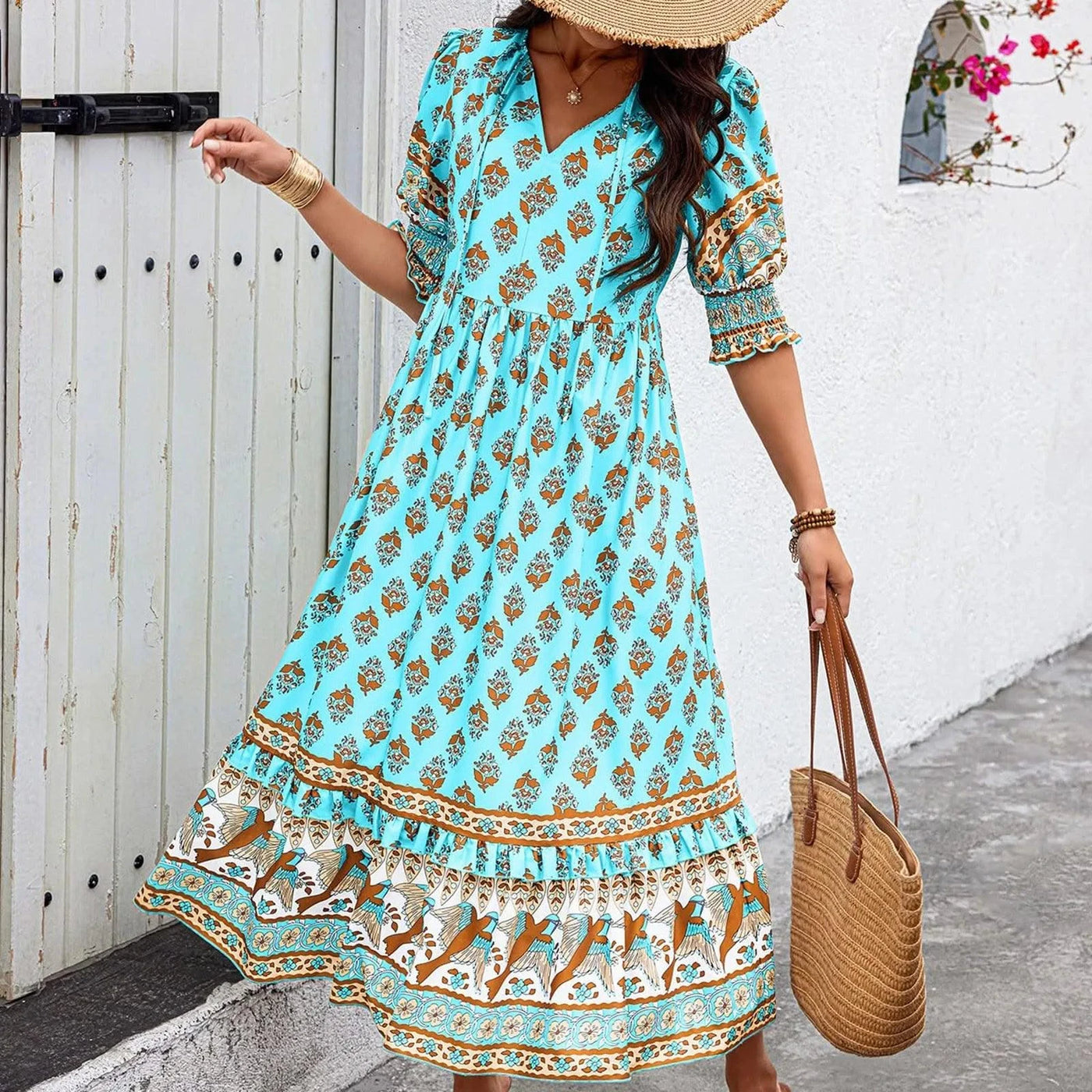 dresses for women Fashion summer Casual long dresses Bohemian V-Neck Printed High Waisted Big Swing Dress vestidos cortos