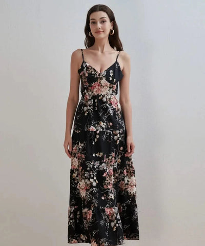 Women's Summer Black Floral V Neck Sleeveless Backless Halter Dress Fashion Elegant Sexy Bow Tie Black Backless Party Dresses