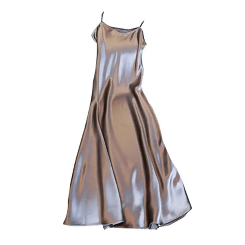 Women Slip Dress Silky Satin V Neck Backless Sleeveless Spaghetti Strap Prom Party Dress A-line Loose Hem Strappy Dress