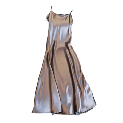 Women Slip Dress Silky Satin V Neck Backless Sleeveless Spaghetti Strap Prom Party Dress A-line Loose Hem Strappy Dress
