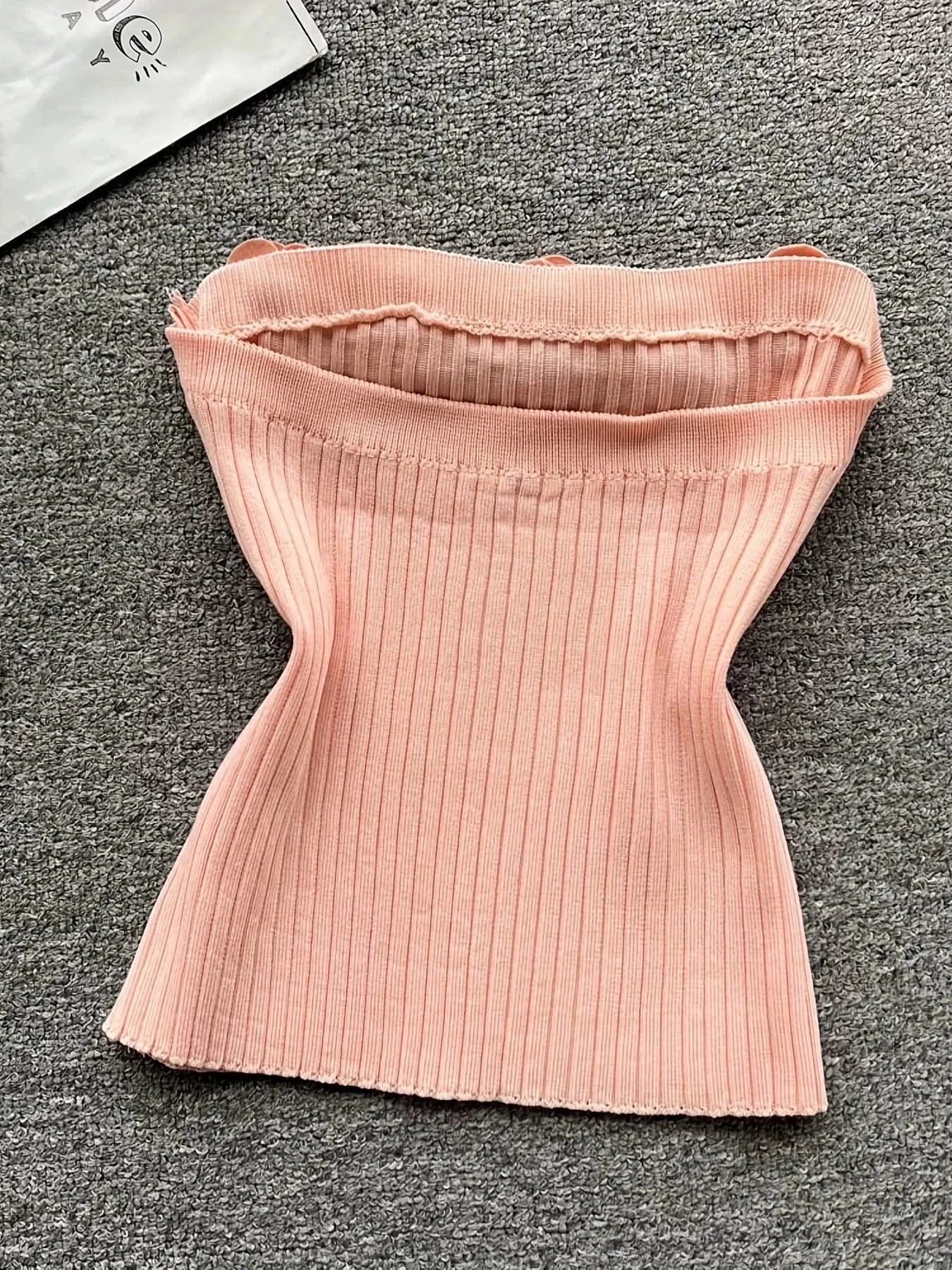 Pink Solid Sexy Off Shoulder Knitted Tube Top for Women