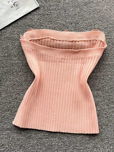 Pink Solid Sexy Off Shoulder Knitted Tube Top for Women