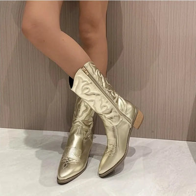 Women's Boots Fashion Pointed Toe Leather Boots Retro Embroidery Western Cowboy Boots for Women Thick Soled Mid-calf Boot Botas