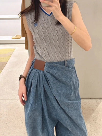 American Wide Leg Denim Pants For Women In Spring And Autumn Fashionable Pleated Design Loose Floor Length Pants