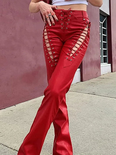 Women Fashion Loungewear Trousers, All Match Spring Summer Solid Hollow Straight Pants, Bandage Elegant Ladies Pants Streetwear