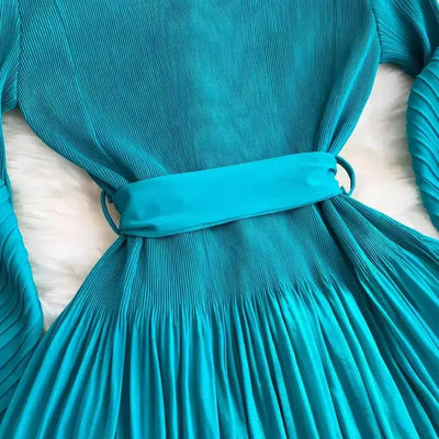 Women's V Neck Ruffles Splice Lantern Sleeve High Stretch Oversized Dresses Miyake Maxi Pleated 2025 Spring Long Party Clothing