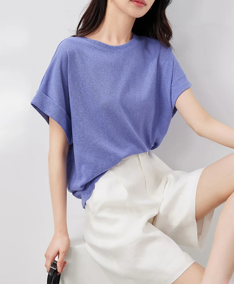 Summer Women Cotton Linen T-shirt Round Neck Thin Short-sleeved Transparent Loose Bottoming T-shirts Tops