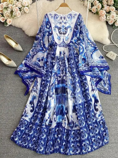 Women Clothing O Neck Flare Sleeve Large Swing Maxi Dress New Summer Bohemian Blue And White Porcelain Print Chiffon Vestidos