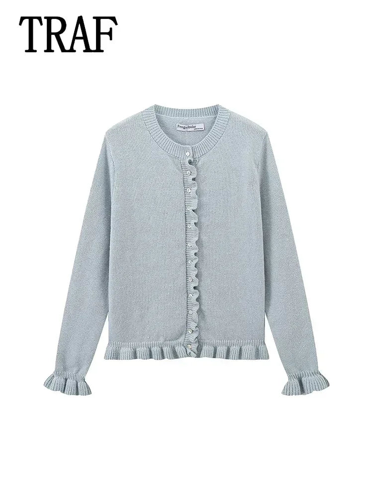 Women Ruffle Gray Knitted Cardigan Outerwears New Autumn Women Long Sleeve Sweater Elegant Button-Down Cardigan