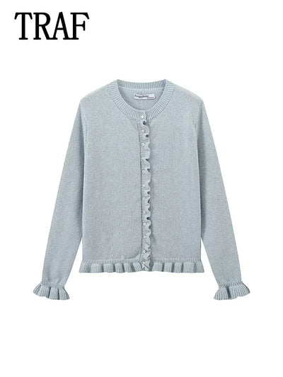 Women Ruffle Gray Knitted Cardigan Outerwears New Autumn Women Long Sleeve Sweater Elegant Button-Down Cardigan