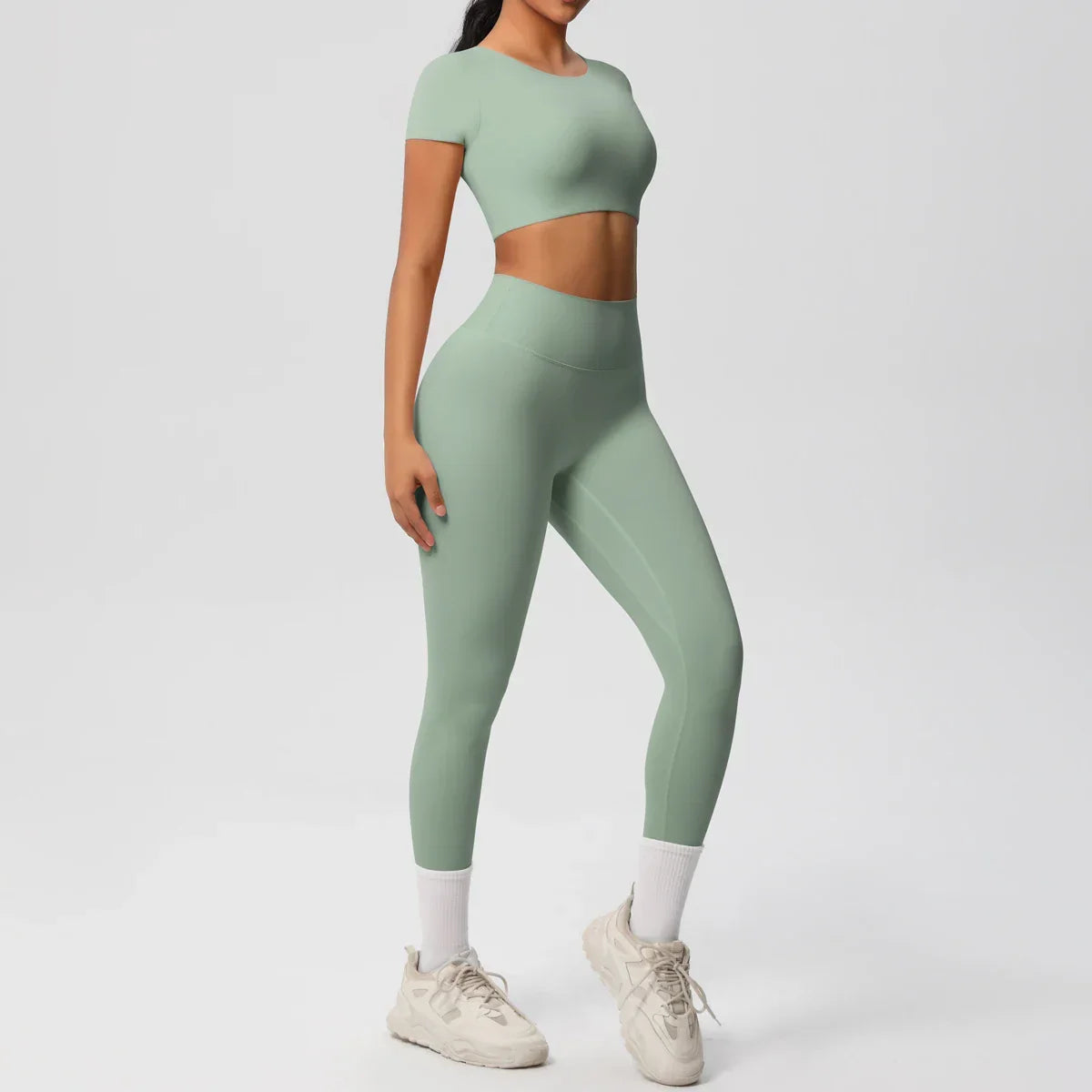 Yoga Set 2 Pieces Women Tracksuits Workout Sportswear Gym Clothing Fitness Short Sleeve With Padded High Waist Leggings Suits