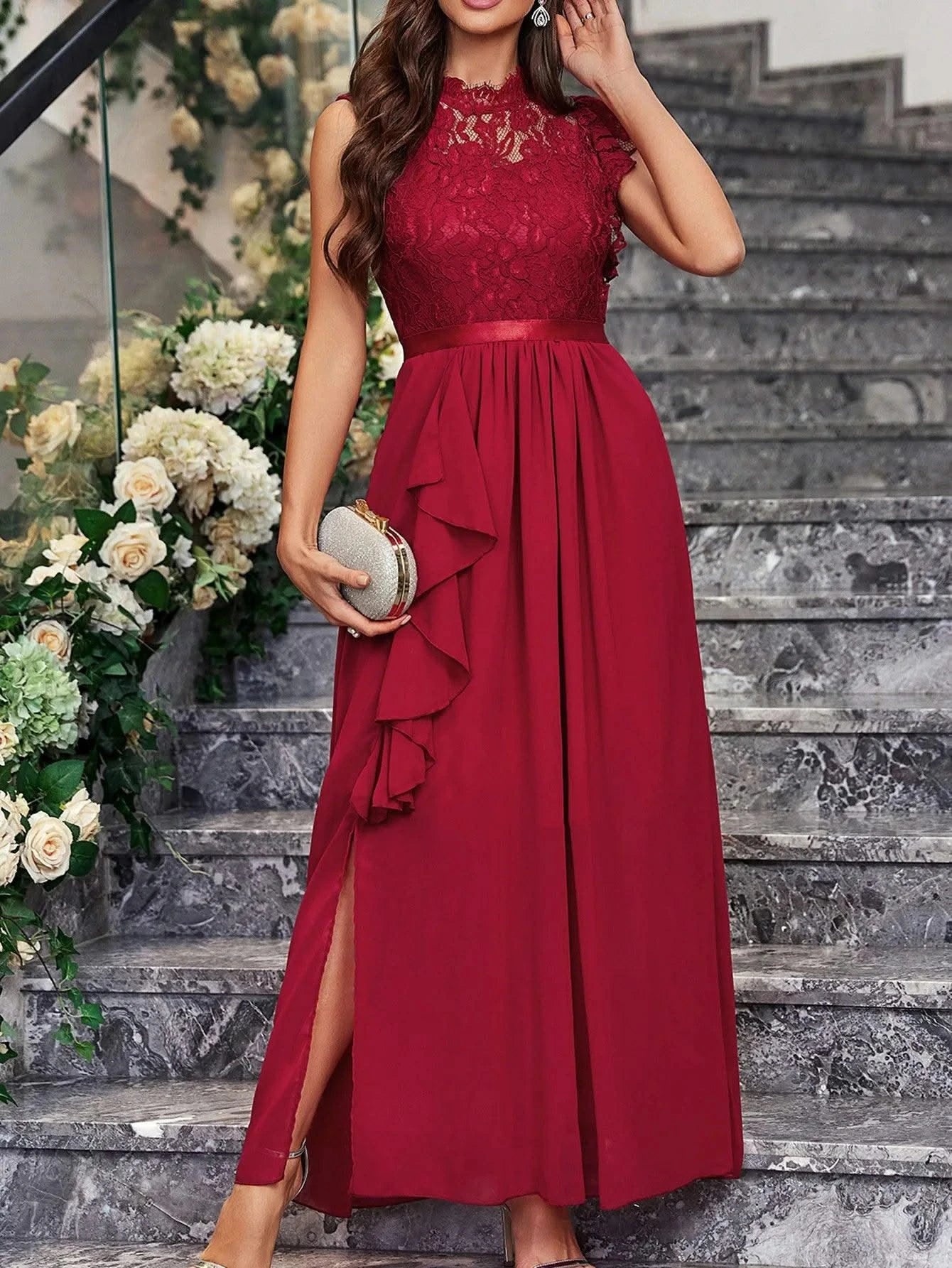 Summer Wedding Guest Dresses For Women Sleeveless Lace Tiered Tulle Classic O-Neck Prom Dress Banquet Party Dress For Any Season