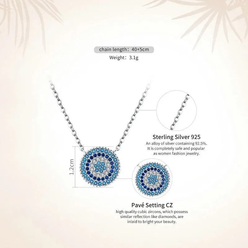 BISAER 925 Sterling Silver Round Blue Zircon Necklace Plated Platinum For Women Lucky Pendant Luxury Necklaces Fine Jewelry Gift