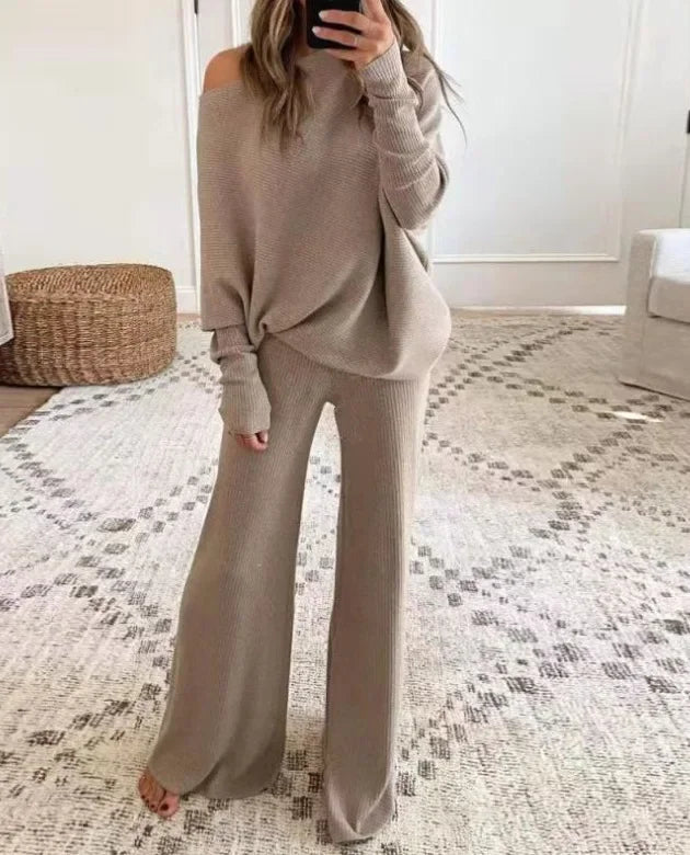 Autumn Winter Fashion 2pcs Suits 2024 Women Outfits Slanted Neck Off Shoulder Top Wide Leg Pants Two-piece Set Women Tracksuits