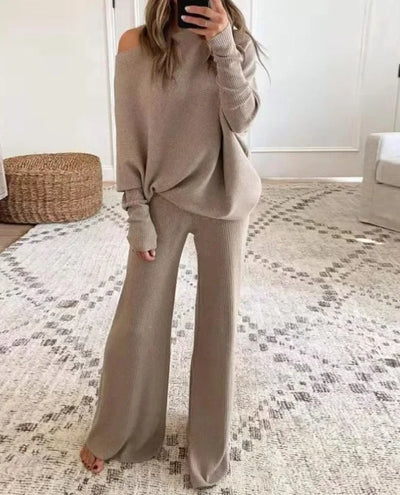 Autumn Winter Fashion 2pcs Suits 2024 Women Outfits Slanted Neck Off Shoulder Top Wide Leg Pants Two-piece Set Women Tracksuits