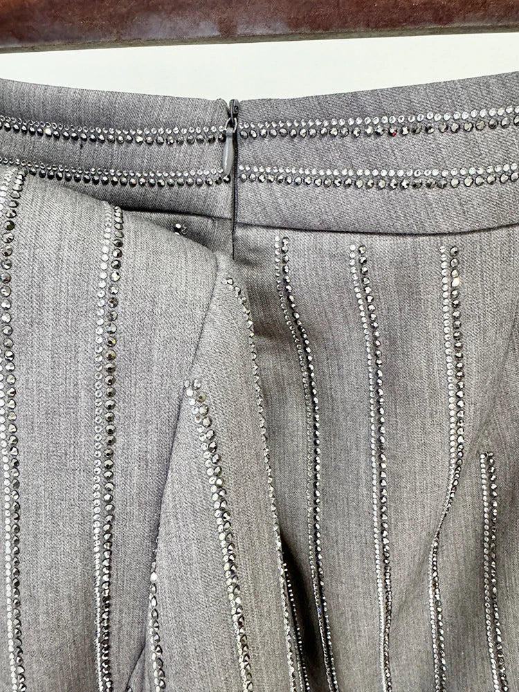 Women Pants Two Piece Sets Women Gray Rhinestone Single Button Blazer + Sparkle Striped Diamonds Pants Suits Evening Party Club