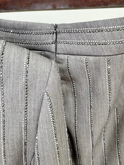 Women Pants Two Piece Sets Women Gray Rhinestone Single Button Blazer + Sparkle Striped Diamonds Pants Suits Evening Party Club