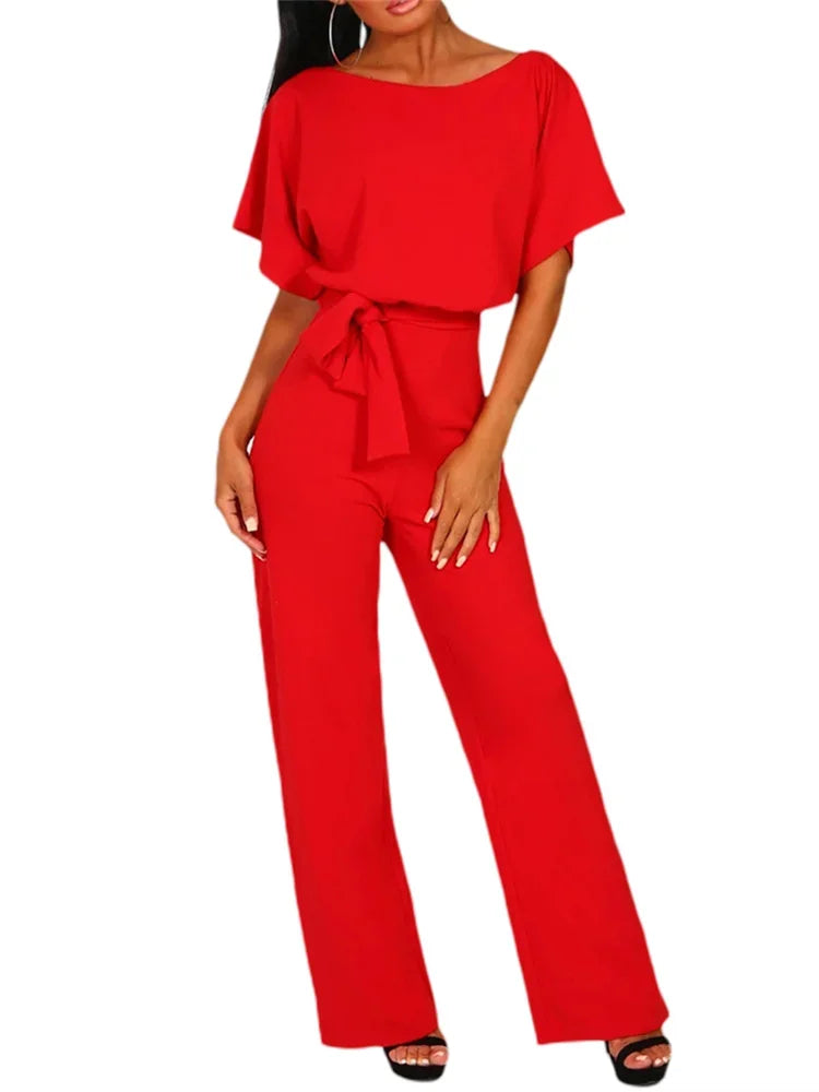 Women Jumpsuits Elegant Solid Color Flare Short Sleeve Waist Tie Wide Leg Pants Romper Summer Streetwear