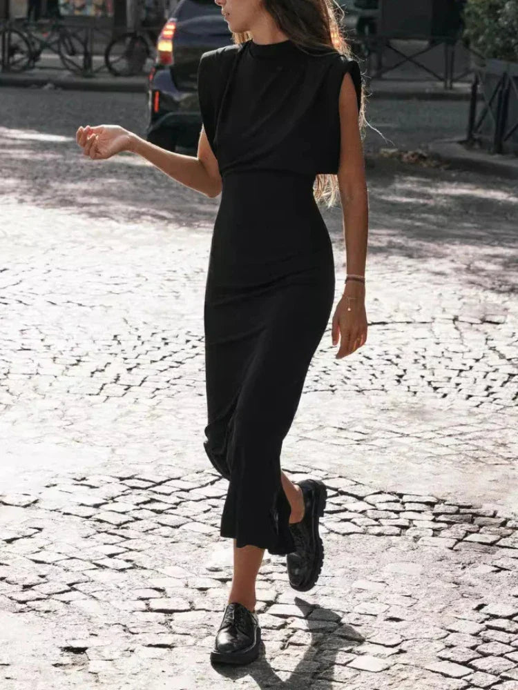 ZBZA Women's Slim Party Dresses Round Neck Sleeveless Shoulder-padded Bodycon High Waist Midi Dress Spring New Female Chic Dress