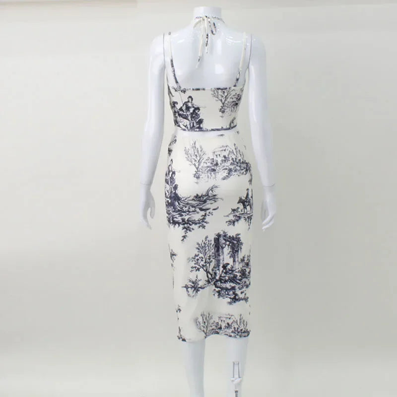 Elegant Casual Printed Tracksuits for Women 2 Piece Sexy Fashion Slash Neck Sleeveless (Tops+Skirt) Slim Fit Hip Wrap Female Set