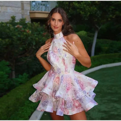 New Summer Party Dress Sweet Print Backless Mini Gown Women Elegant Lace Up Sleeveless A-line Vestidos Female Beach Holiday