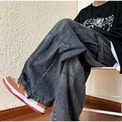 Denim Trousers For Men Adjustable Drawstring Y2k Versatile Baggy Cargo Jeans Men's Hippie Jogging Wide leg Pants Male Streetwear