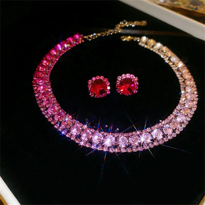 Luxury Crystal Necklace Earrings Set Pink ABcolourful Necklace for Women Weddings Party Jewelry Sets Accessories