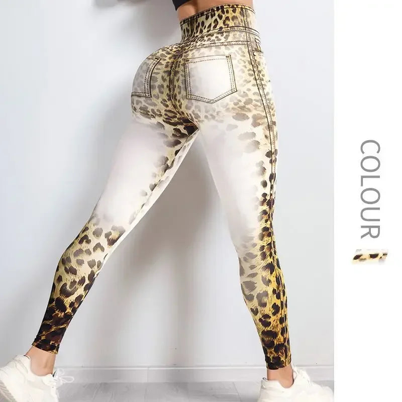 Leopard Print Yoga Pants Seamless Bleaching Print High Waist Peach Buttock Fitness Sports Trousers Breathable
