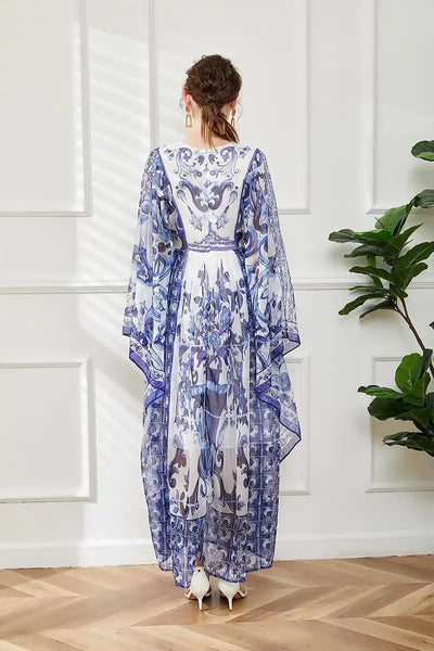 Women Clothing O Neck Flare Sleeve Large Swing Maxi Dress New Summer Bohemian Blue And White Porcelain Print Chiffon Vestidos