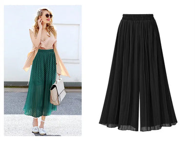 Loose Wide Leg Plus Size Pants Women Summer Fashion Streetwear Pleated Pants Skirts Elastic Waist Culottes Black Green Trousers