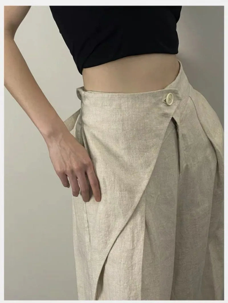 Streetwear Wide Leg Pants Women Fashion Pleated Linen Baggy Pants Summer Korean High Waist Casual Design Straight Trousers New