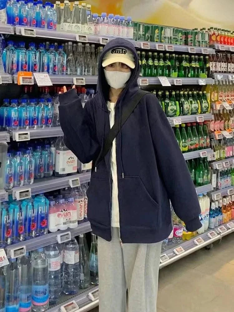 Korean Fashion Zipper Hood Sweatshirt Women Autumn Long Sleeve Tops Casual Y2K Hoodies Streetwear Harajuku Loose Jackets Coats